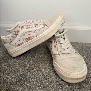 Floral VANS Side-Stripe Low Top Sneakers - Cream with Pink/Brown Flowers
